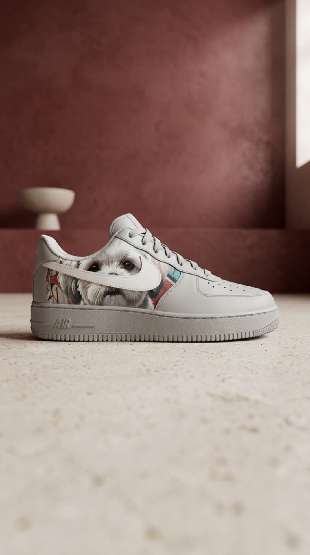 Bone Air Force 1 with a portrait panel of a small white dog, on concrete against a terracotta wall
