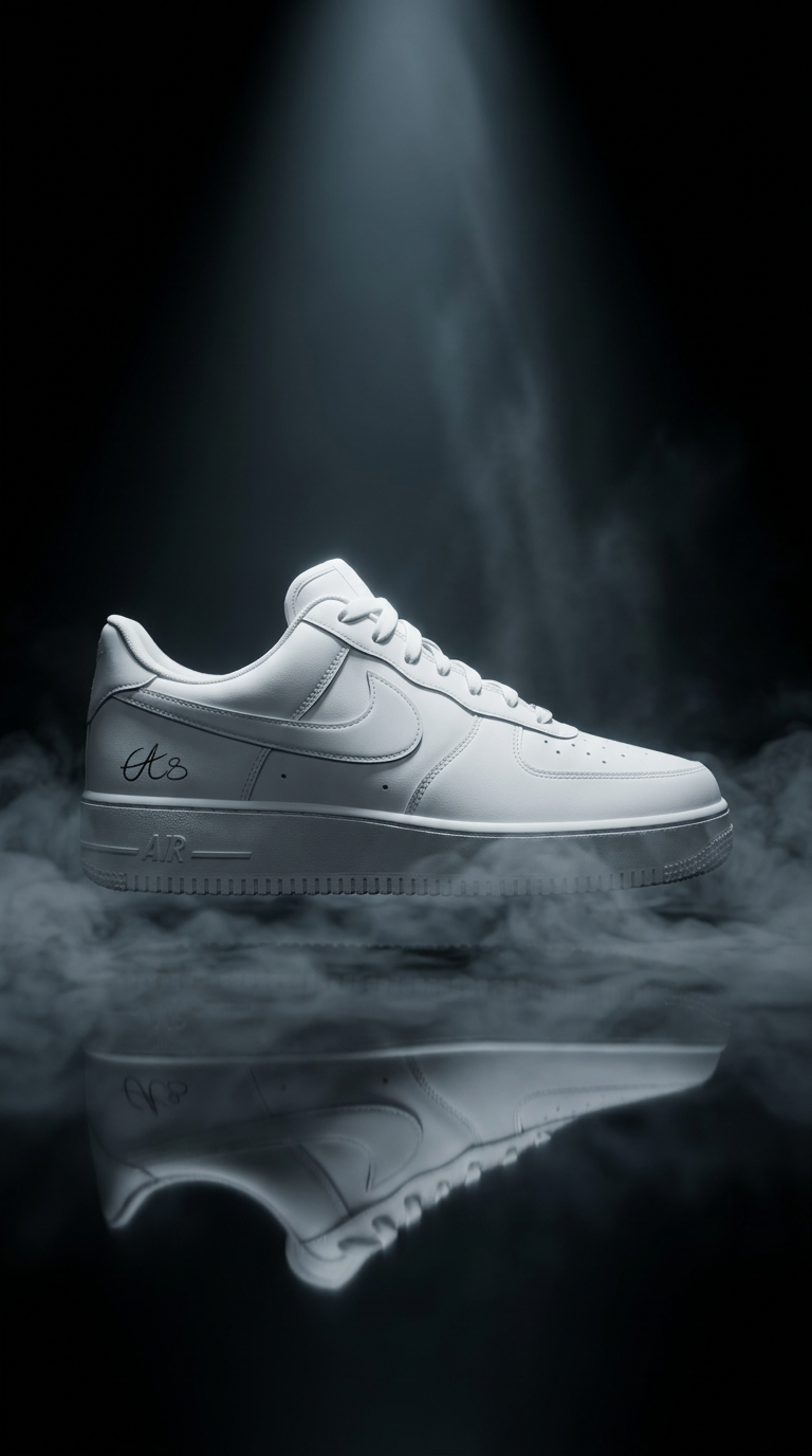 White Air Force 1 with a script signature spotlit above a mirrored floor in dark smoke