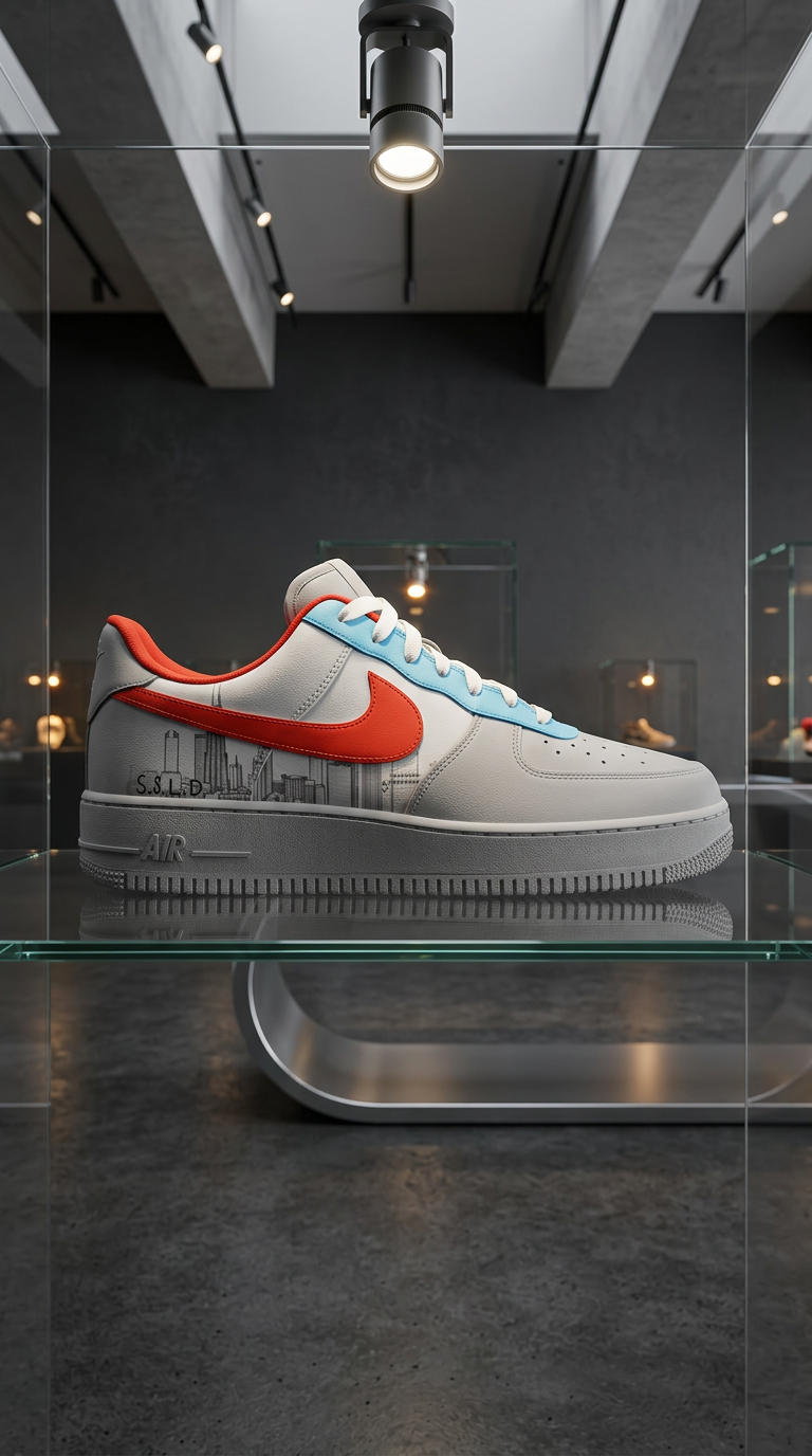 Grey and white Air Force 1 displayed in a lit glass museum case