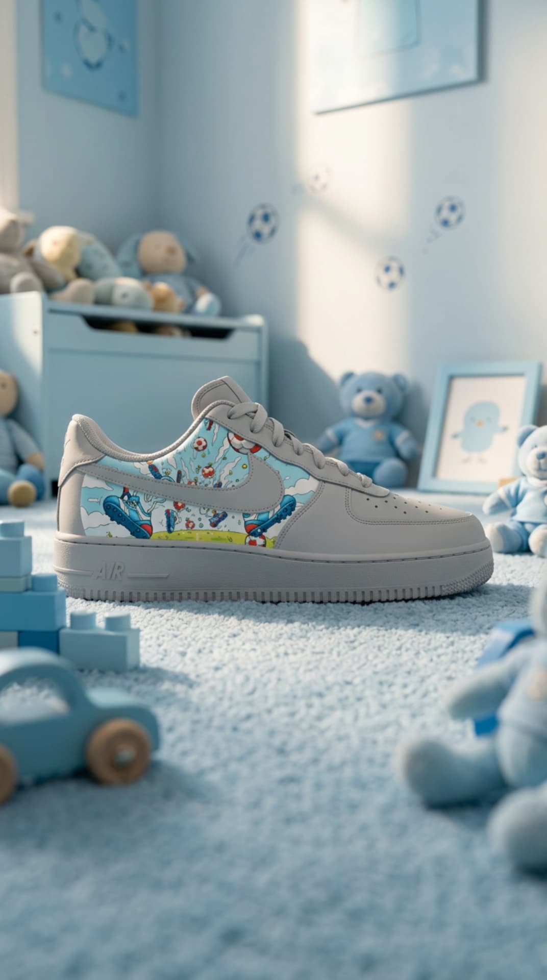 Grey Air Force 1 with a cartoon football illustration panel photographed in a pale blue kids playroom