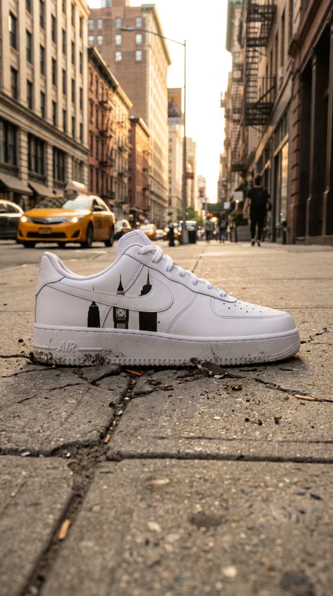White Air Force 1 with a black skyline panel resting on a cracked city sidewalk at golden hour