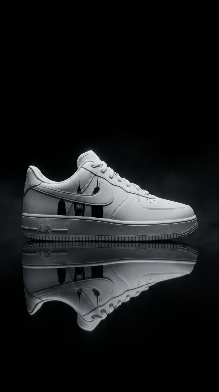 White Air Force 1 with a black skyline panel floating above a mirrored black floor