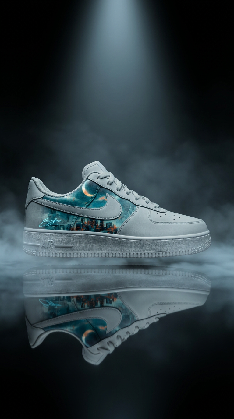 White Air Force 1 with a moonlit skyline panel floating above a mirrored black floor in smoke