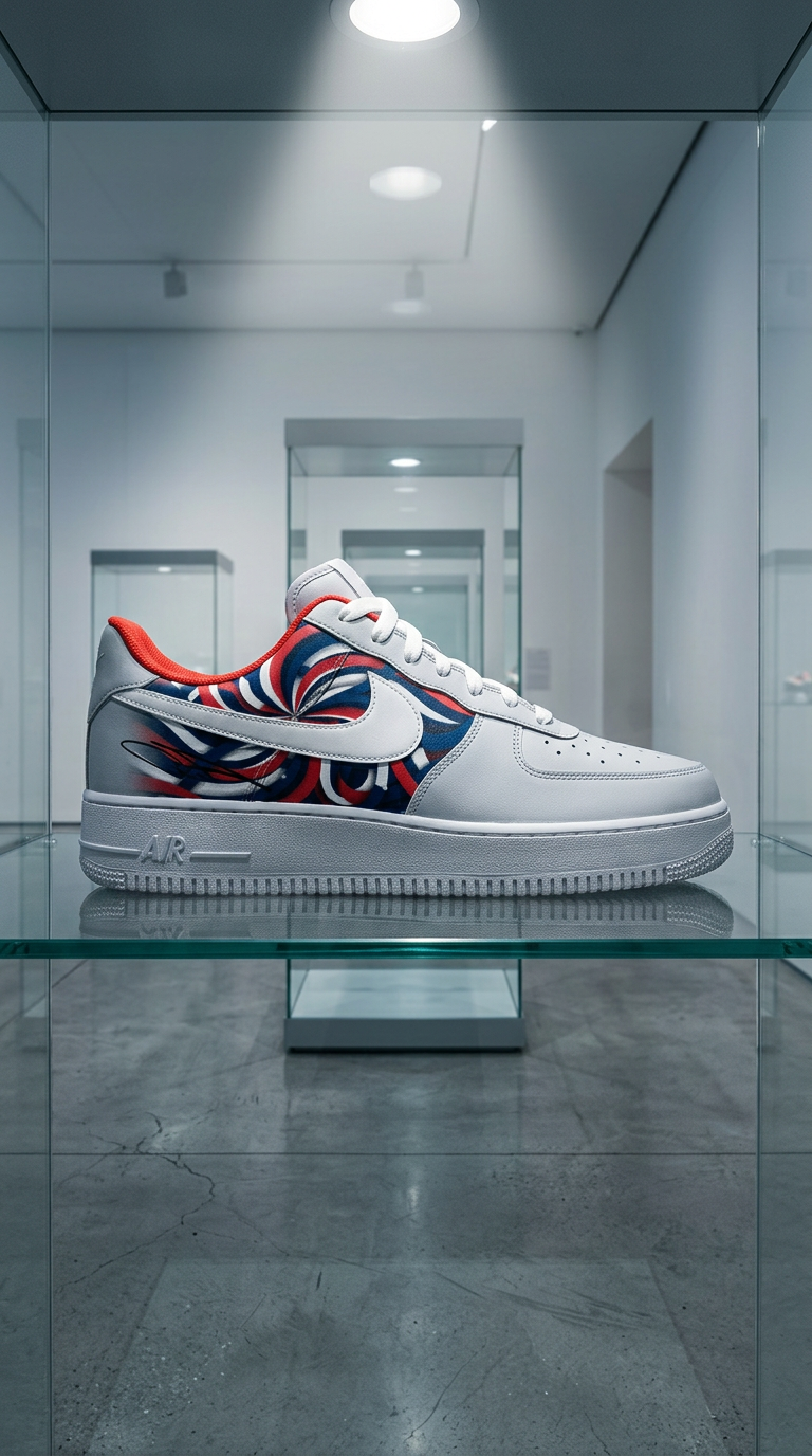 White Air Force 1 with a swirl panel displayed on a glass shelf in a lit gallery case