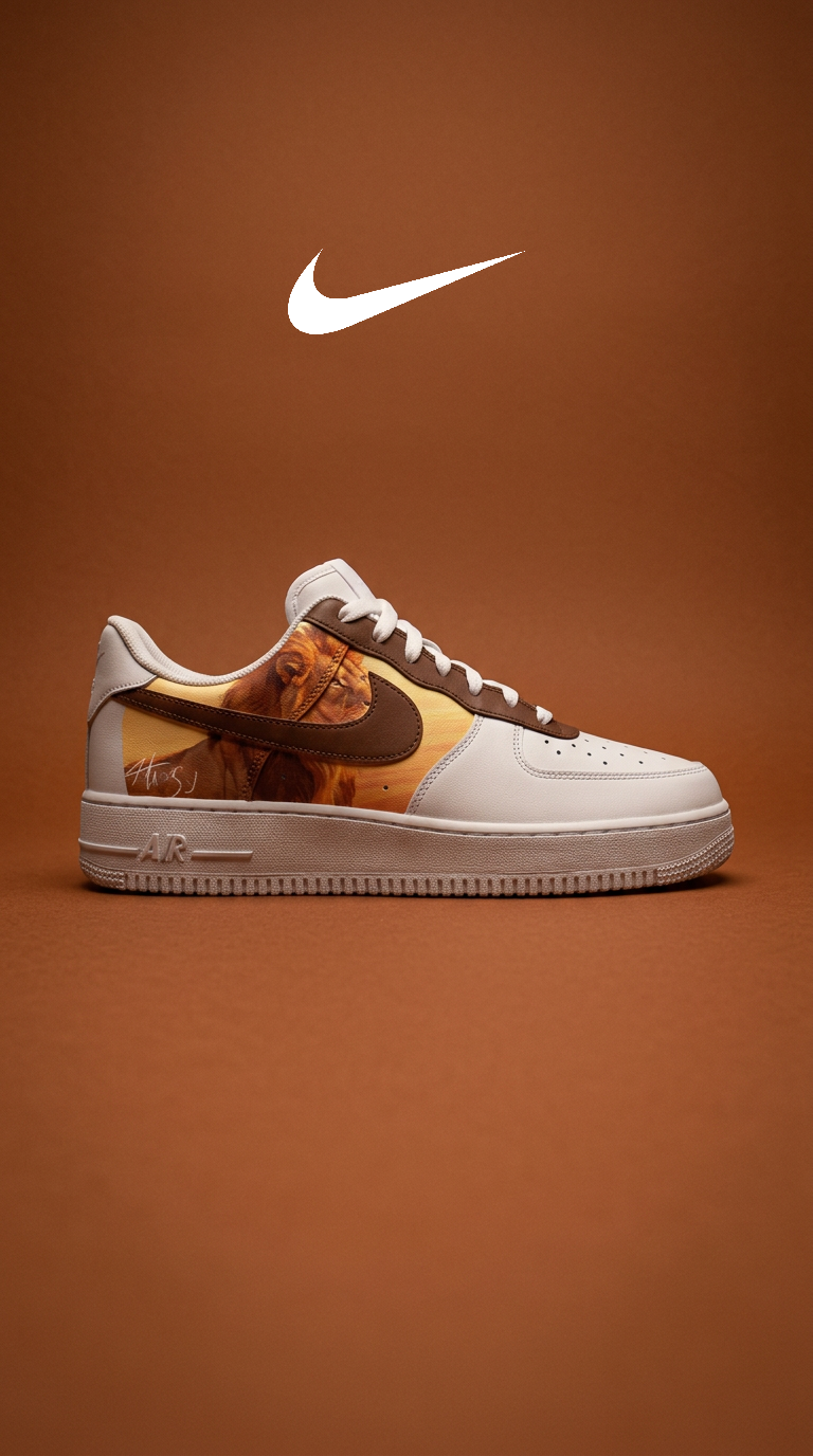 Signed cream Air Force 1 with a lion panel below a white Nike swoosh on a rust backdrop