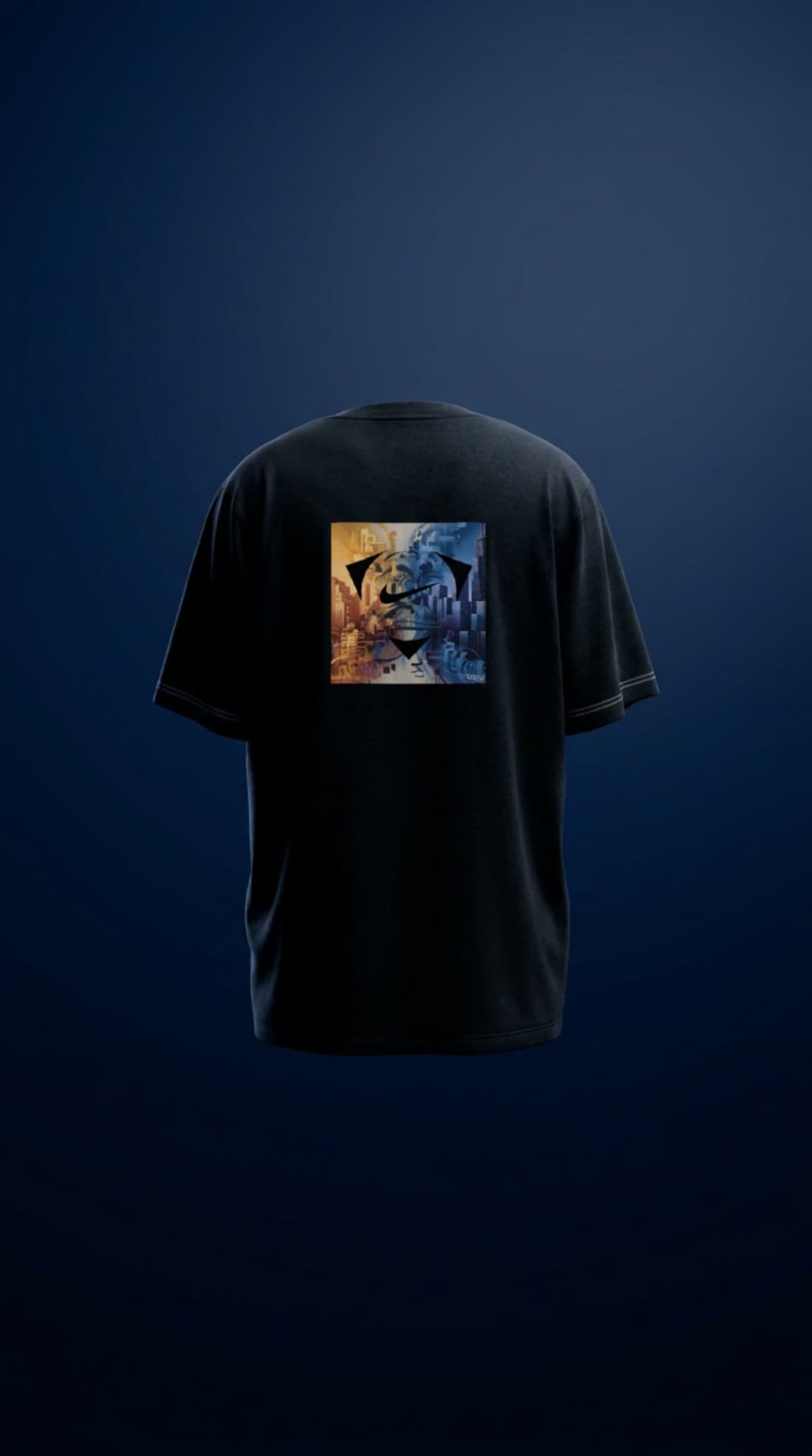 Black tee with a city-skyline Swoosh box graphic on a deep blue backdrop