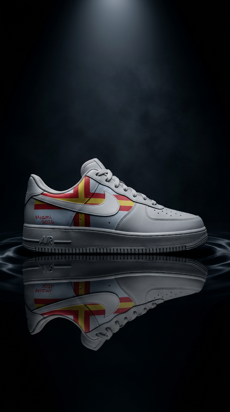 Grey Air Force 1 with a red and yellow cross panel spotlit above a mirrored dark surface