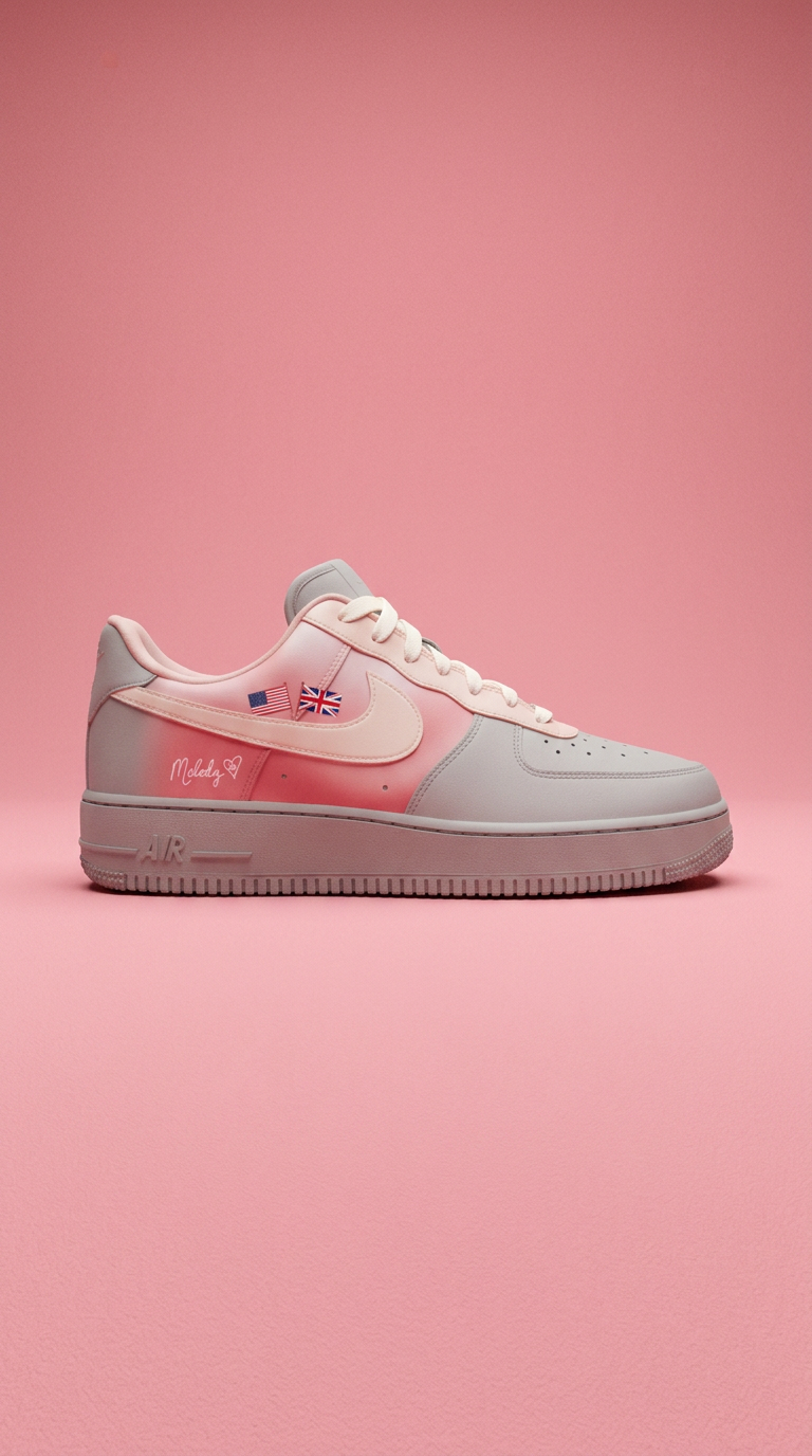 Grey and blush pink Air Force 1 with US and UK flag details and a Melody script signature on a pink backdrop