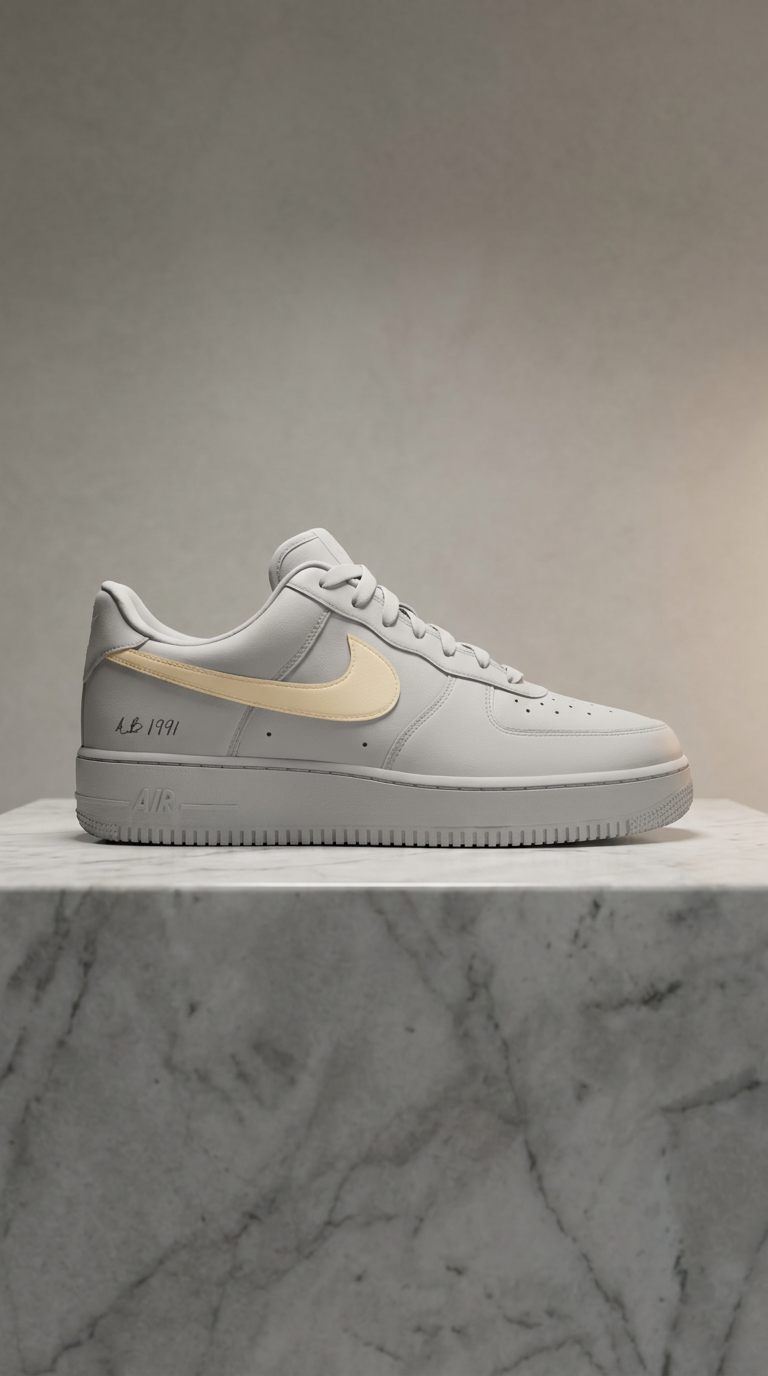 Bone Air Force 1 with a pale yellow swoosh on a marble plinth under a soft studio spotlight
