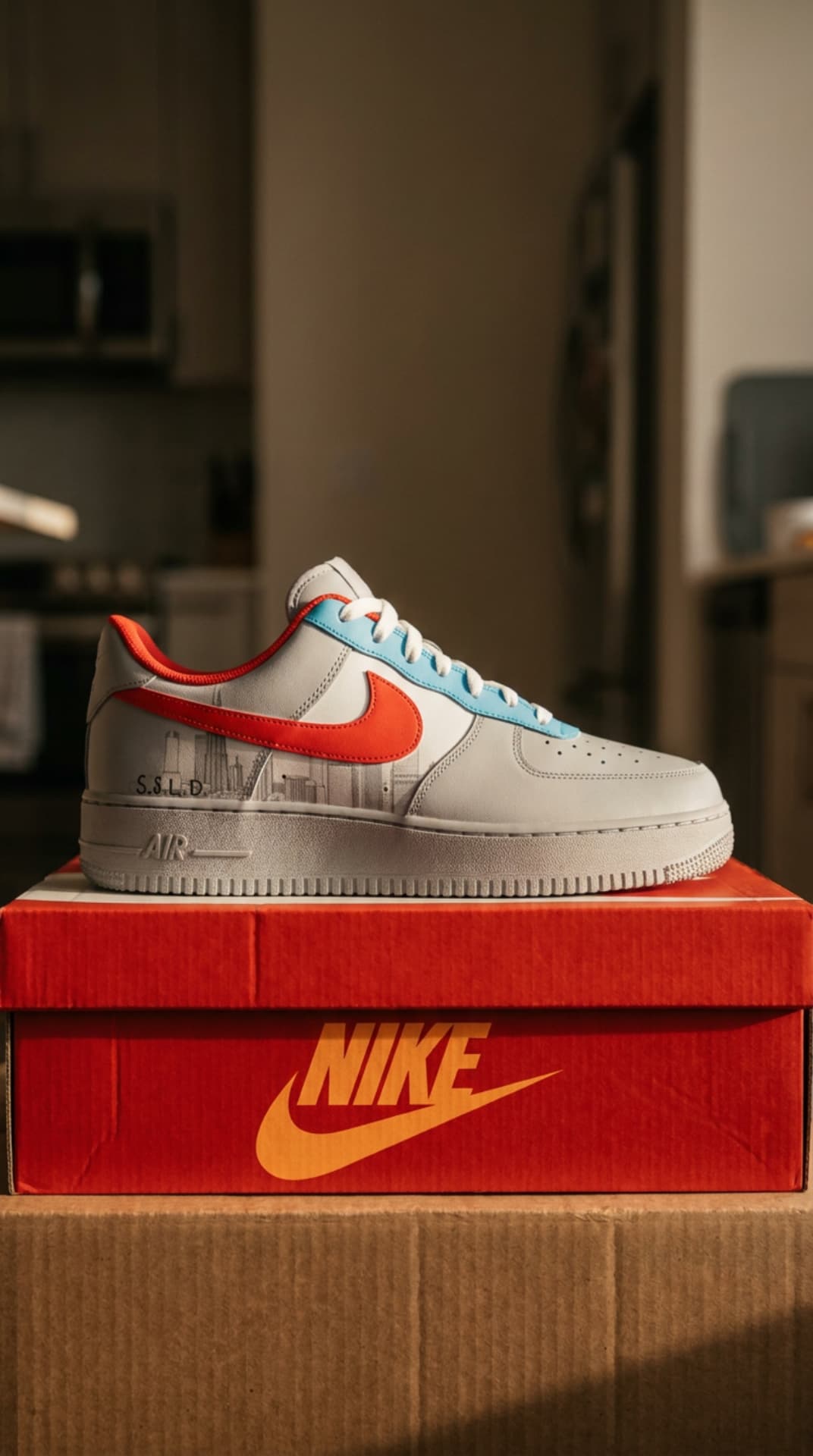 Grey and white Air Force 1 resting on an orange Nike box in warm window light