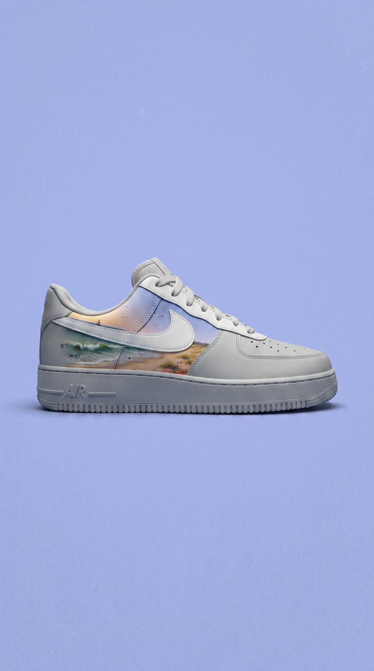 Grey and white Air Force 1 with a hand-painted beach sunset panel on a periwinkle backdrop