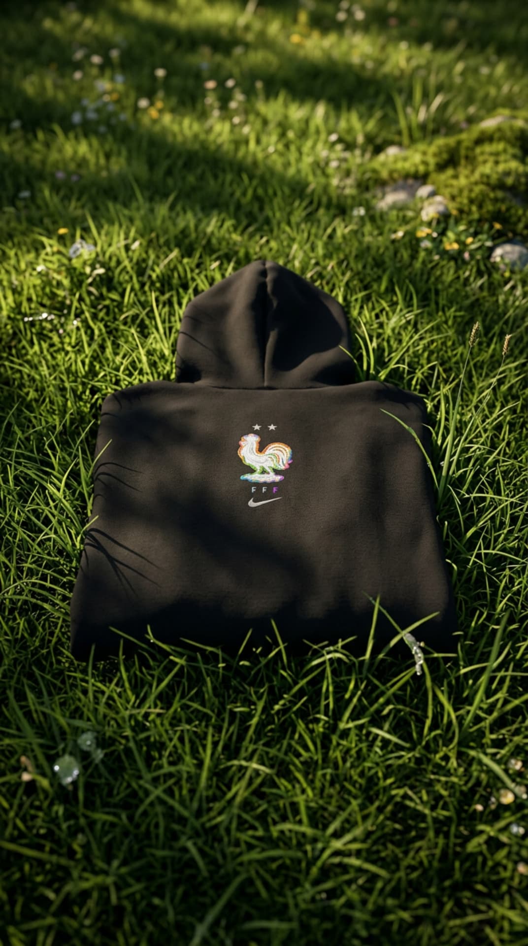 Folded black FFF hoodie with an iridescent rooster crest, laid on sunlit grass