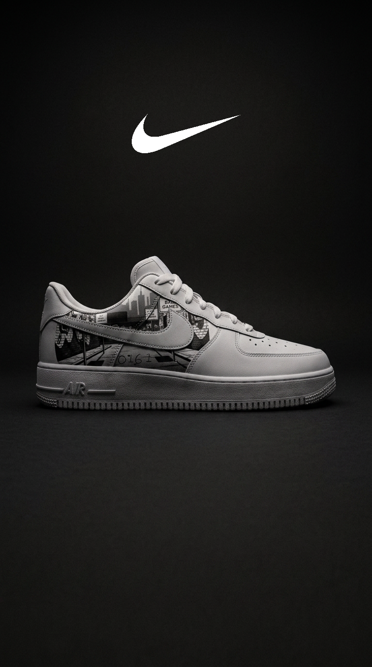 Grey Air Force 1 with a city print panel shown beneath a white Nike swoosh on a dark studio backdrop