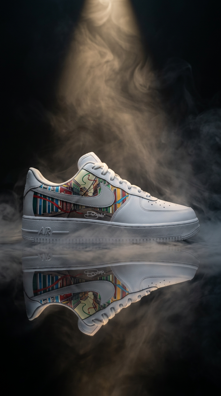 White Air Force 1 with a streetscape panel spotlit in smoke above a mirrored floor