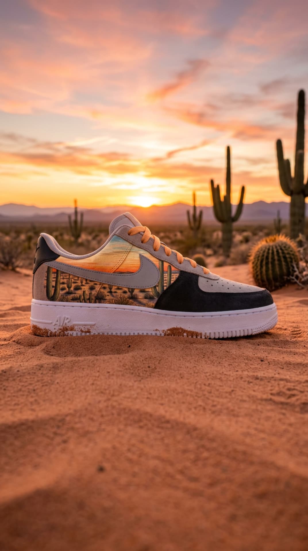 Air Force 1 with desert sunset panel photographed in the sand at dusk among saguaro cactus