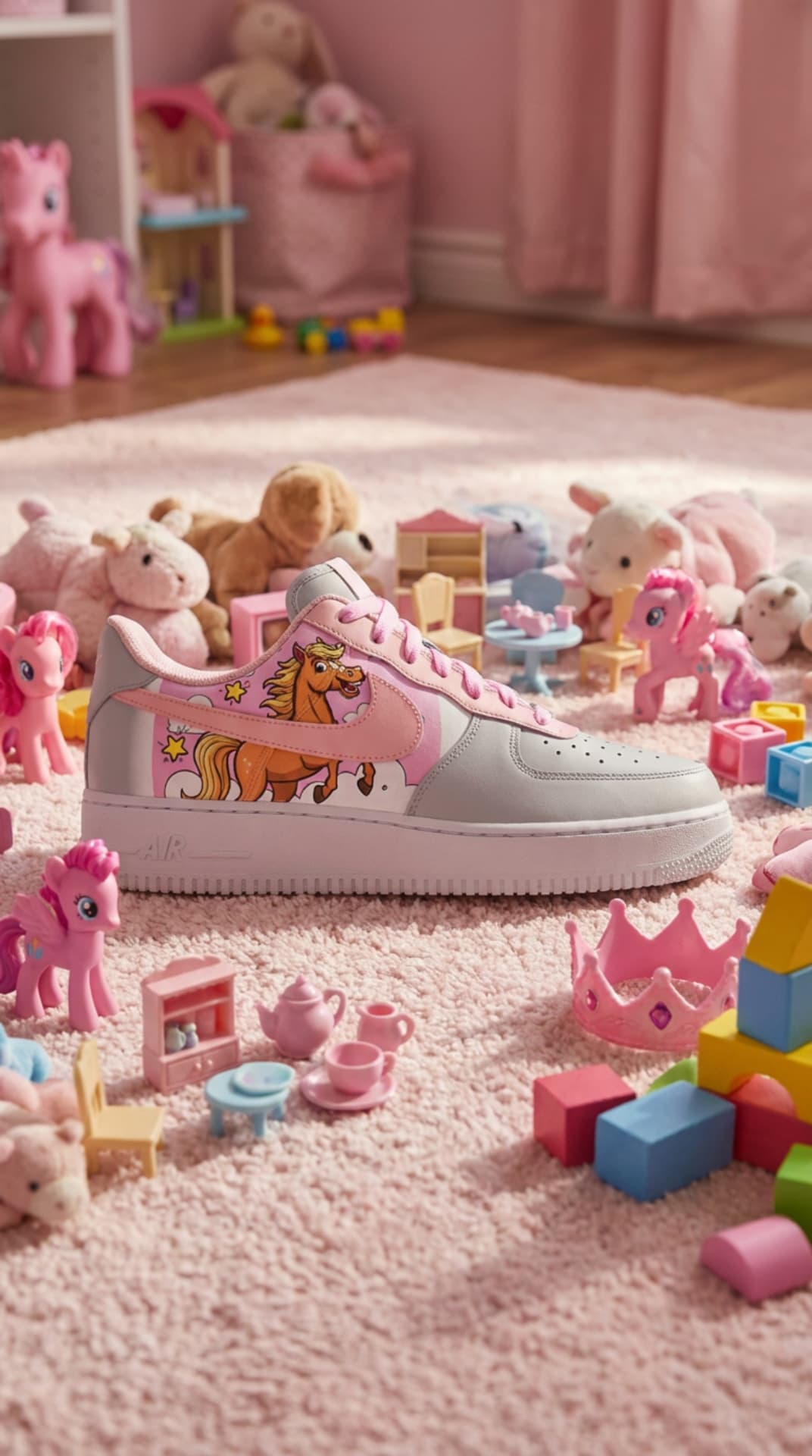 Grey and pink Air Force 1 with a cartoon pony panel surrounded by toys on a pink rug