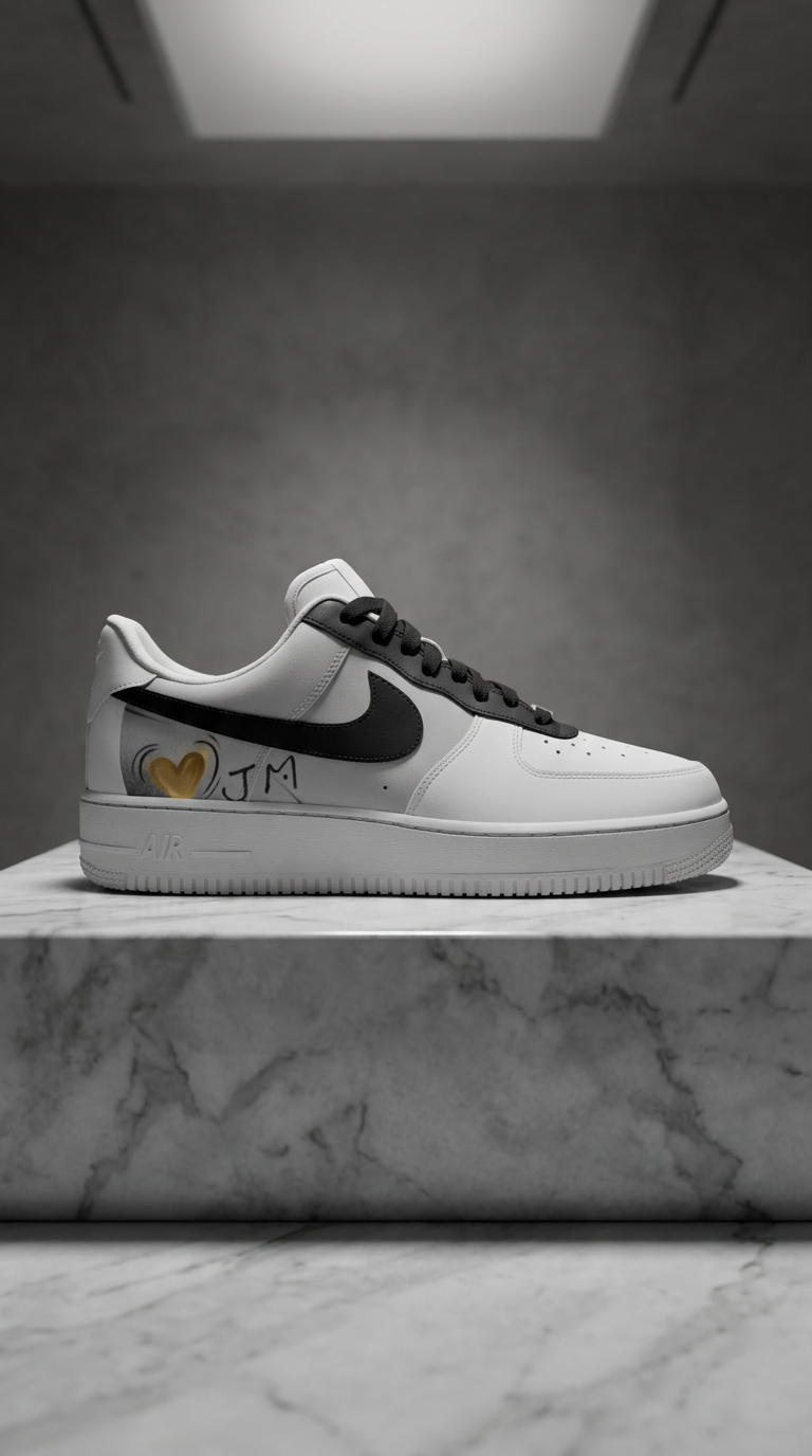 White Air Force 1 with a black swoosh and a gold heart and JM script on the heel, on a marble plinth in a grey studio