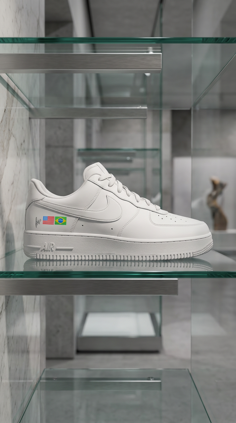 All-white Air Force 1 with USA and Brazil flag decals on a glass museum shelf in a marble gallery