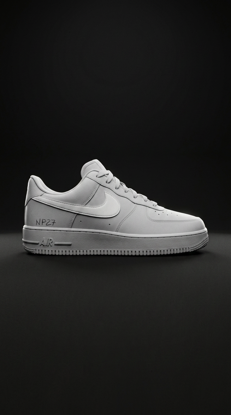 White Air Force 1 with NP27 script on the midsole on a deep charcoal backdrop