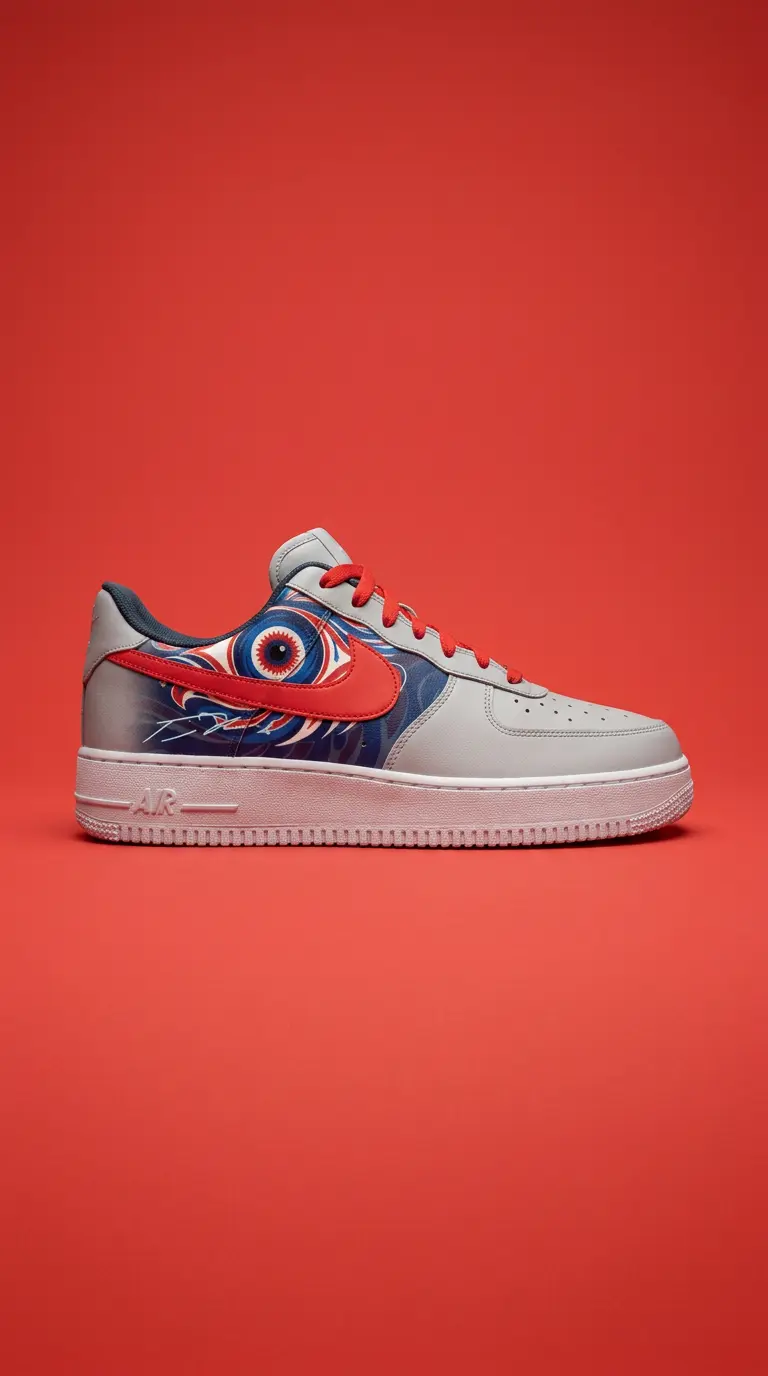 Profile of the custom grey and white Air Force 1 with eye graphic against a red backdrop