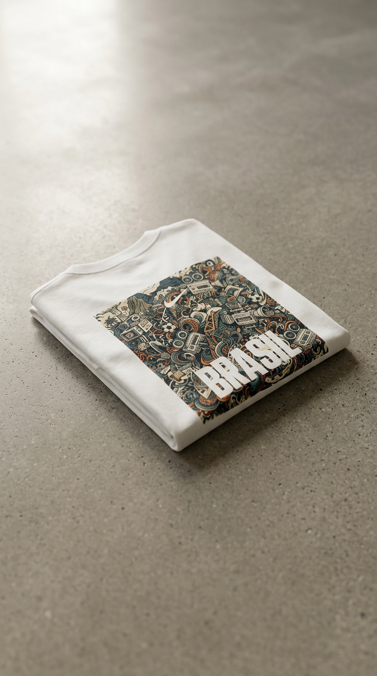 Folded white Brasil tee with a dense illustrated collage graphic on a concrete floor