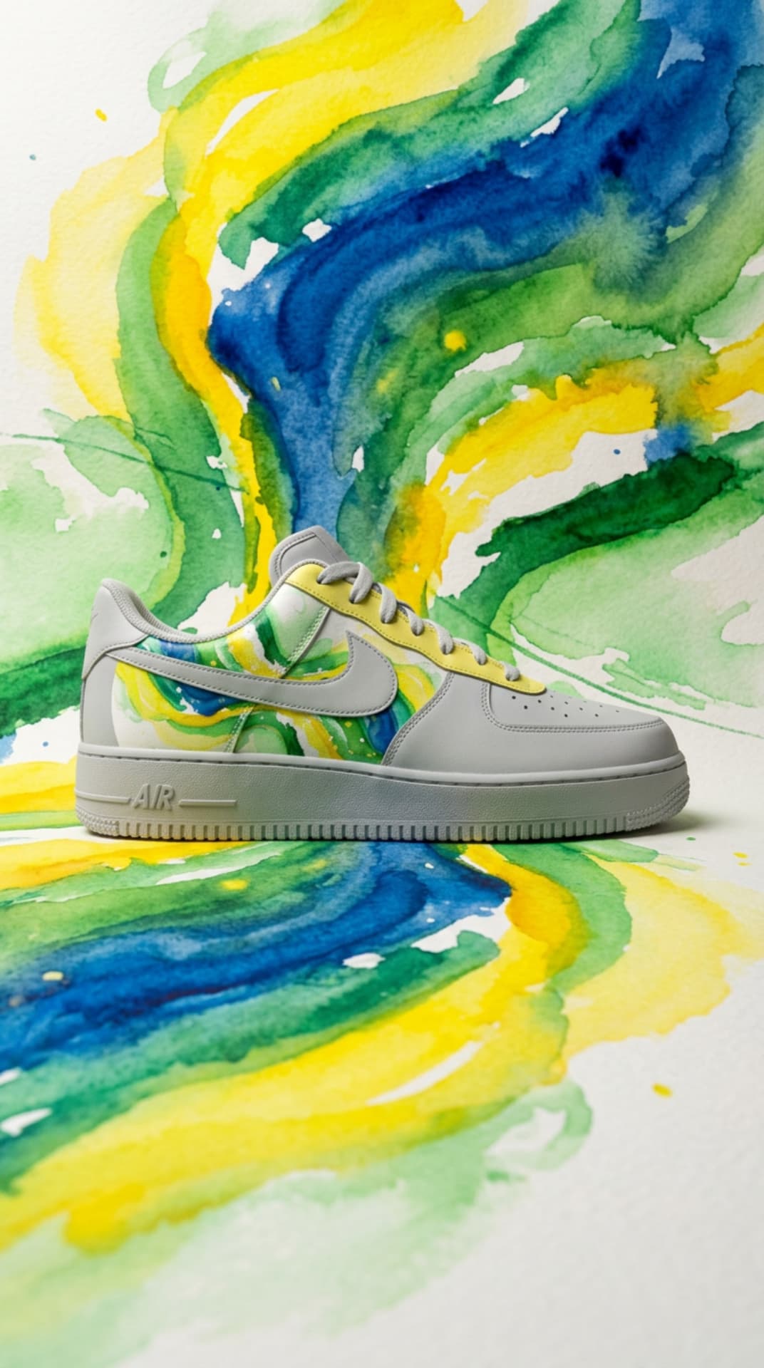 Grey Air Force 1 with a green, yellow and blue watercolor panel on a painted wash backdrop