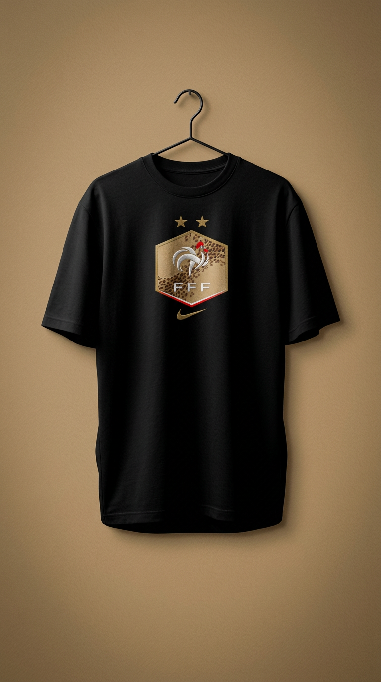 Black FFF tee with a gold leopard-print crest on a hanger