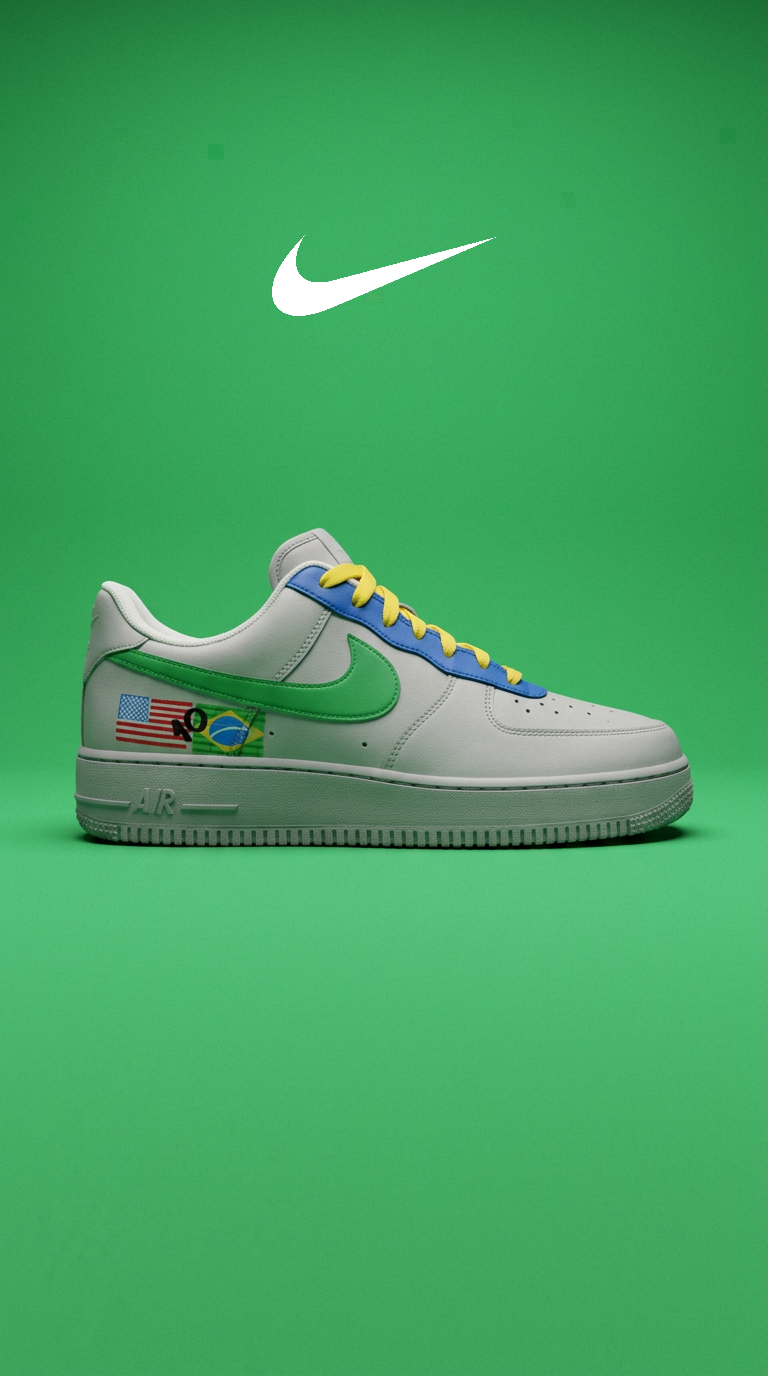 Off-white custom Air Force 1 with green swoosh, blue collar and yellow laces on a green backdrop