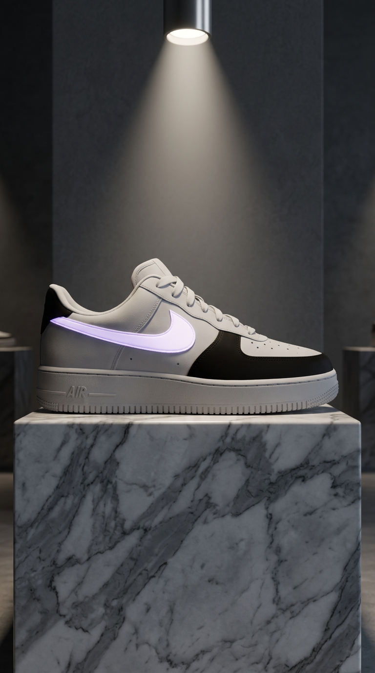 Grey and black Air Force 1 with a glowing lilac swoosh spotlit on a marble plinth