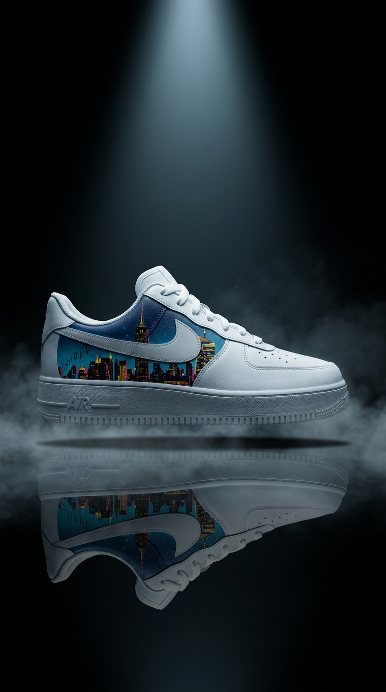White Air Force 1 with a neon city skyline panel spotlit in fog above a dark mirrored floor