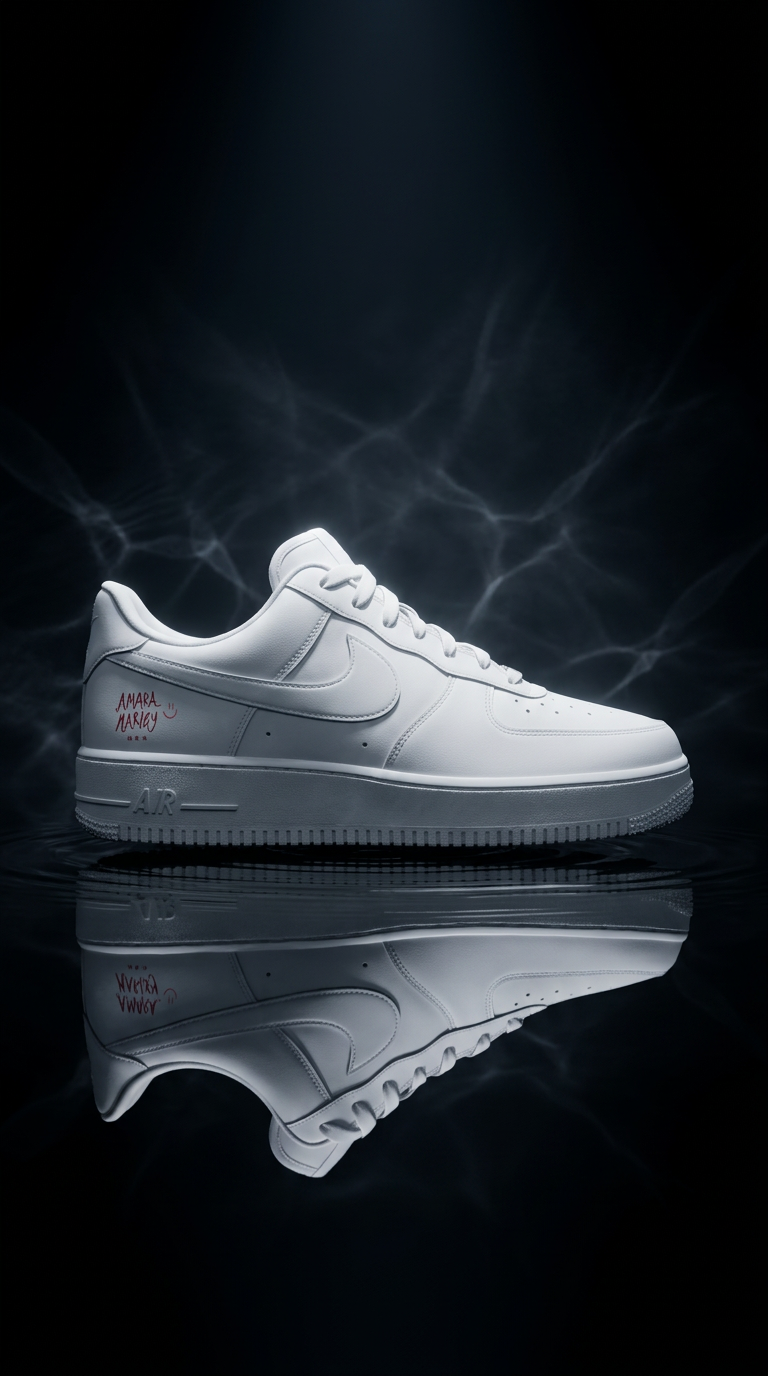 White Air Force 1 with a red Amara Marley script signature, spotlit above a dark mirrored floor
