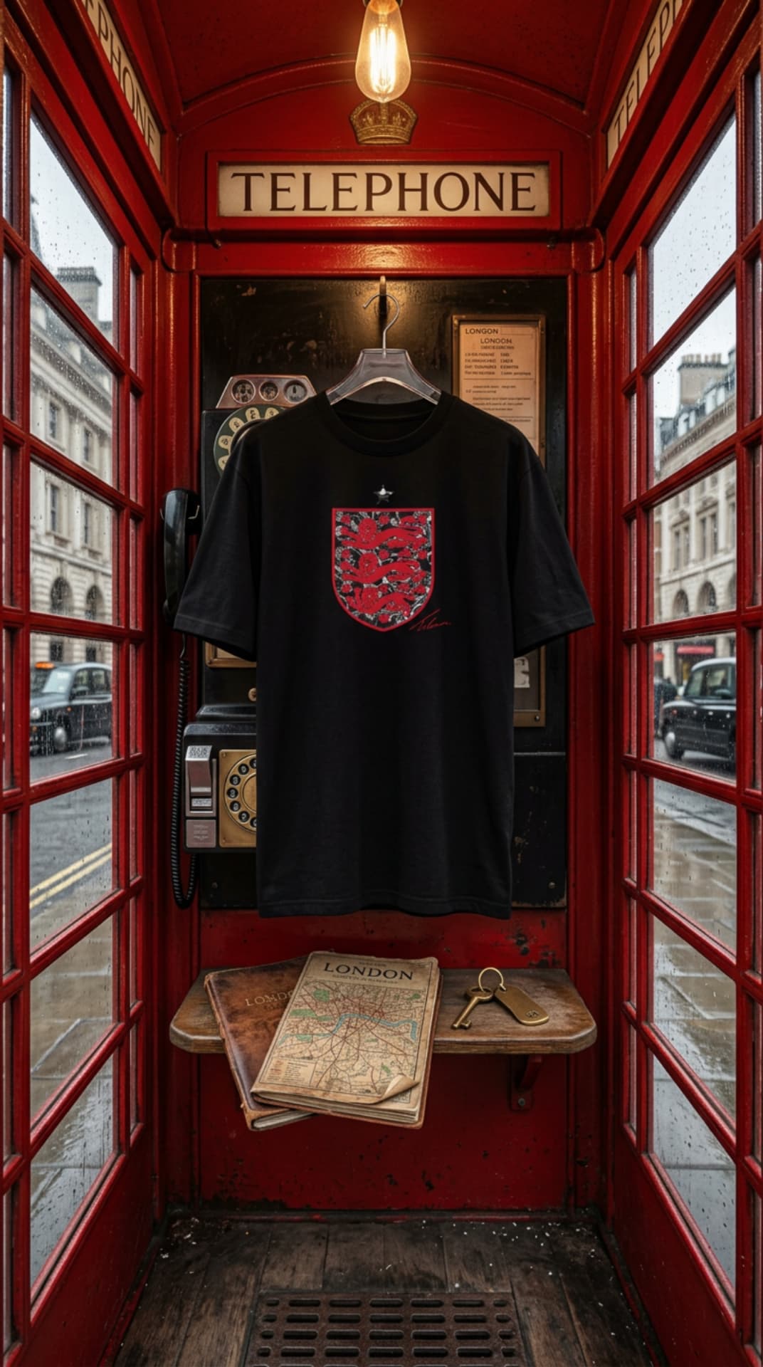 Black England three-lions crest tee hanging inside a red London telephone box