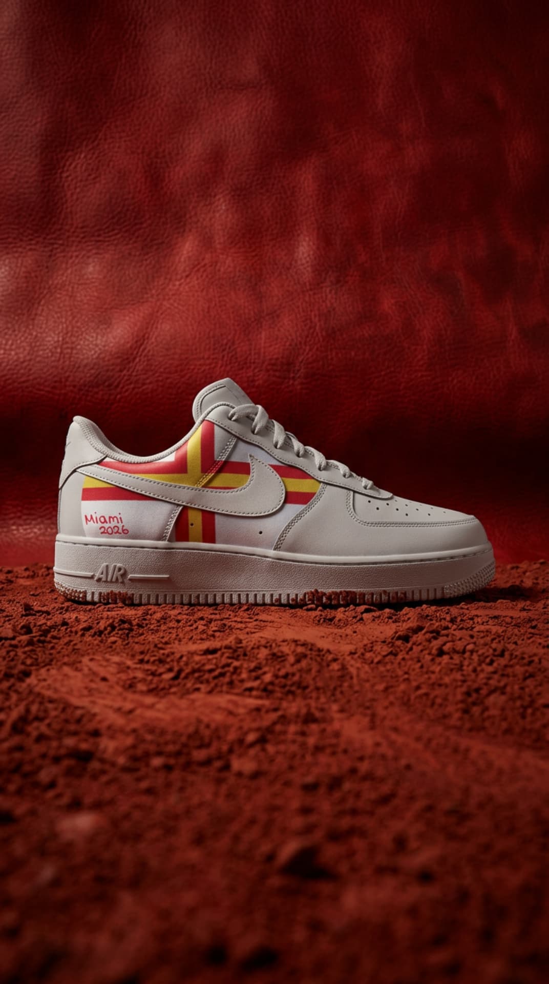 White Air Force 1 with a red and yellow cross panel and Miami 2026 script, set on red clay against a deep red backdrop