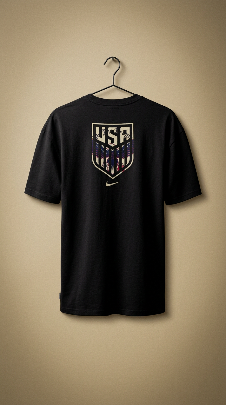 Black tee with a cream USA crest and Swoosh on a tan backdrop