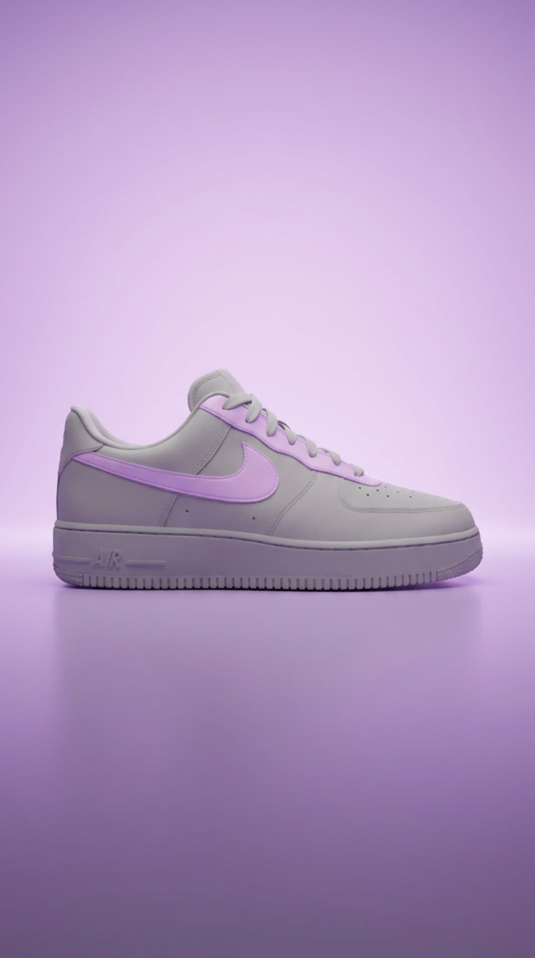 Grey Air Force 1 with a lavender swoosh against a soft lilac studio backdrop