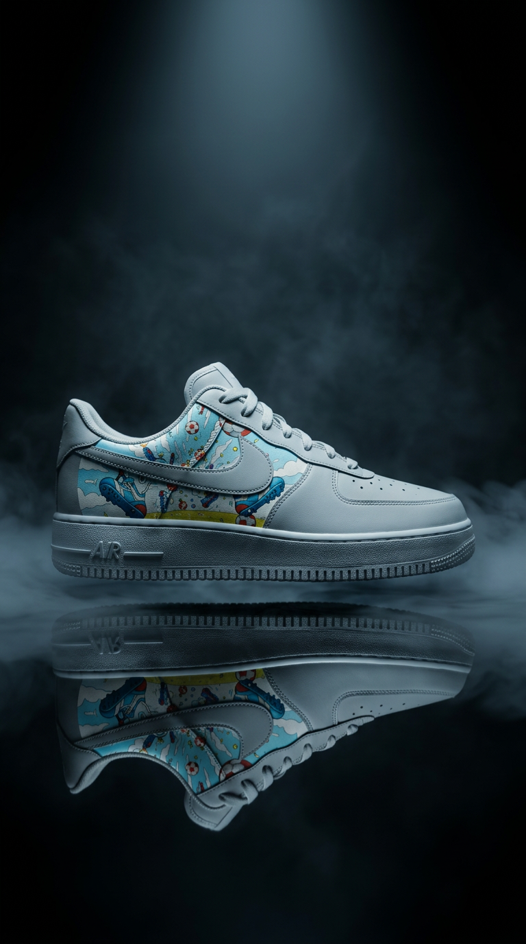 Grey Air Force 1 with a cartoon football panel floating in smoke above a dark mirrored floor