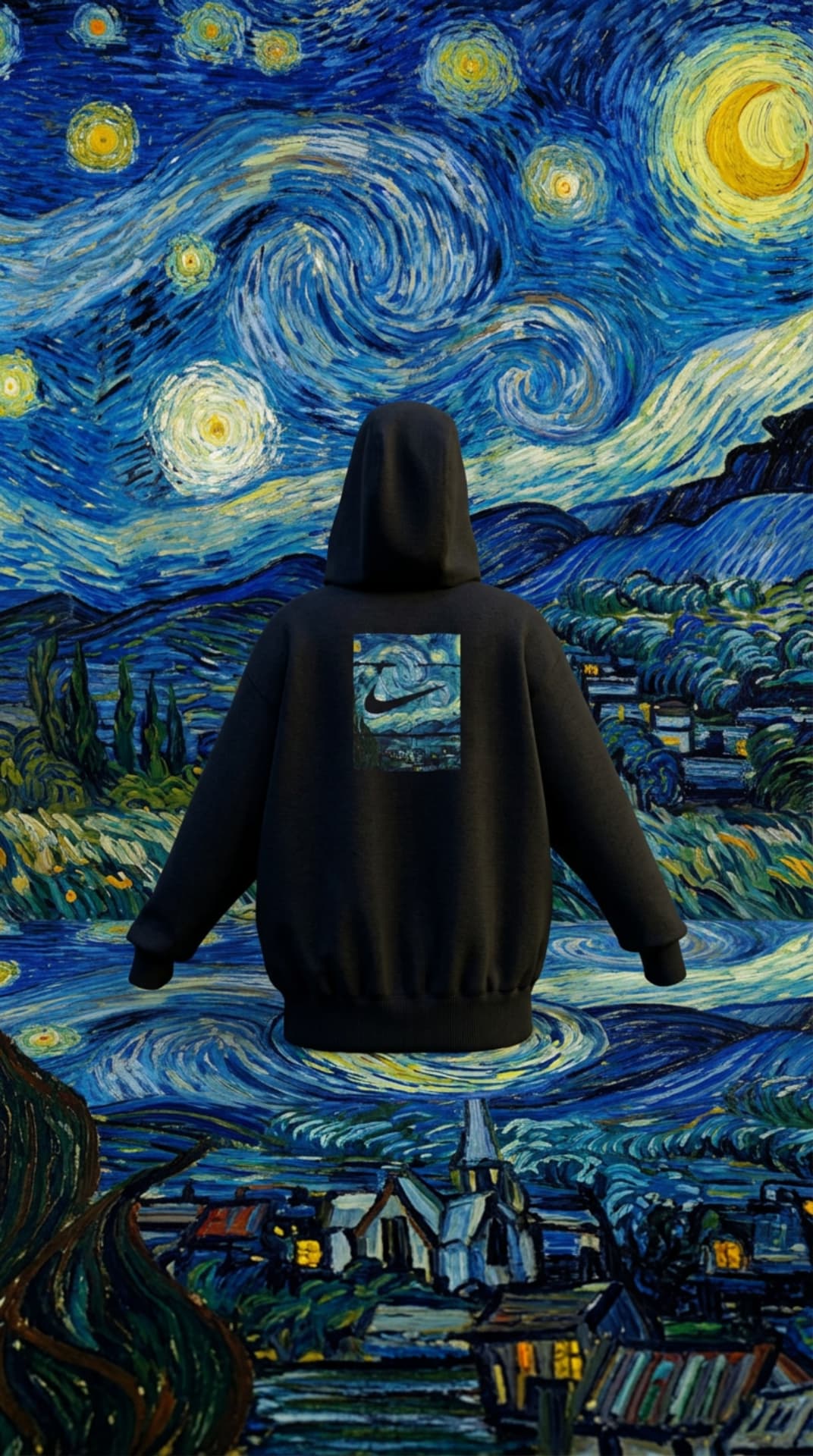 Black Nike hoodie with a Starry Night swoosh graphic against a Van Gogh backdrop