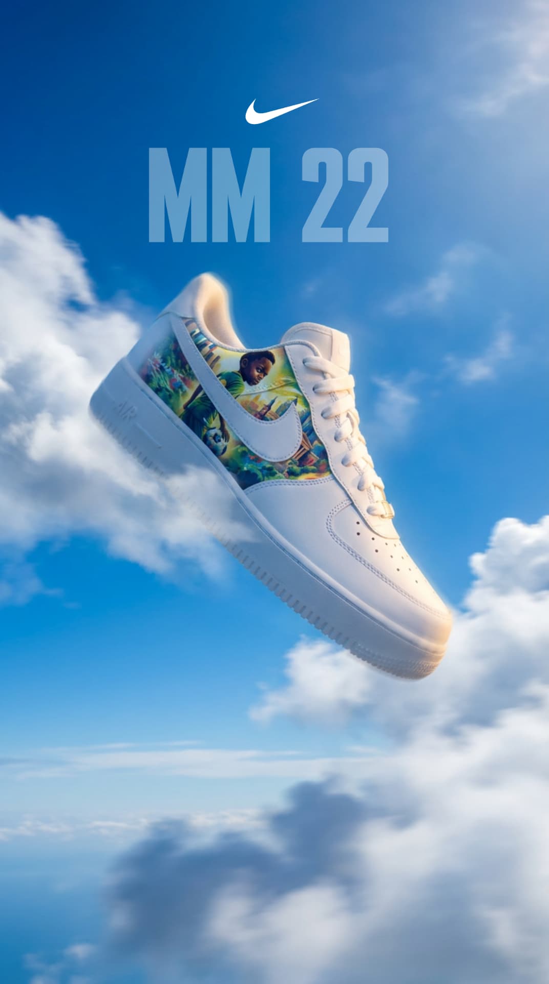 The MM22 Air Force 1 floating through blue sky and clouds under the MM 22 logo