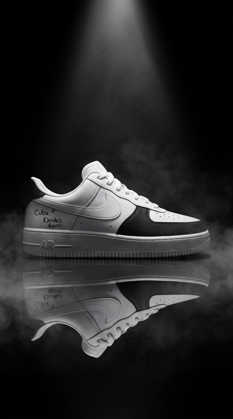 White and black Air Force 1 with handwritten family names spotlit in fog above a dark mirrored floor