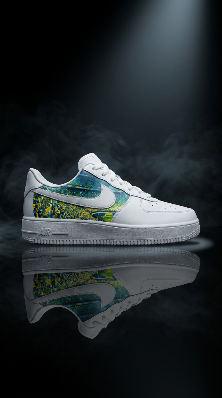 White Air Force 1 with a Brazil crowd-print panel floating in mist above a mirrored floor