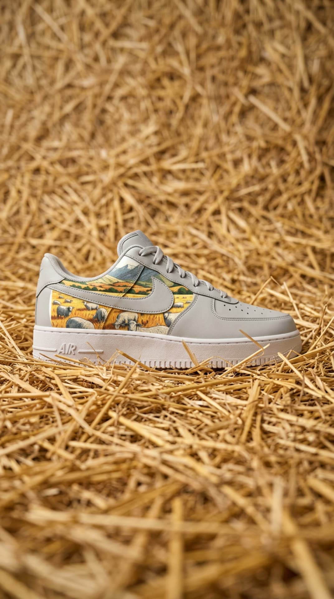 Grey Air Force 1 with an illustrated sheep and farmland panel resting on golden straw
