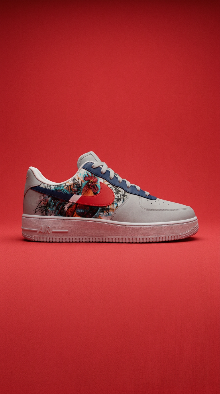 Grey Air Force 1 with a painted rooster panel, navy trim and red swoosh on a red backdrop