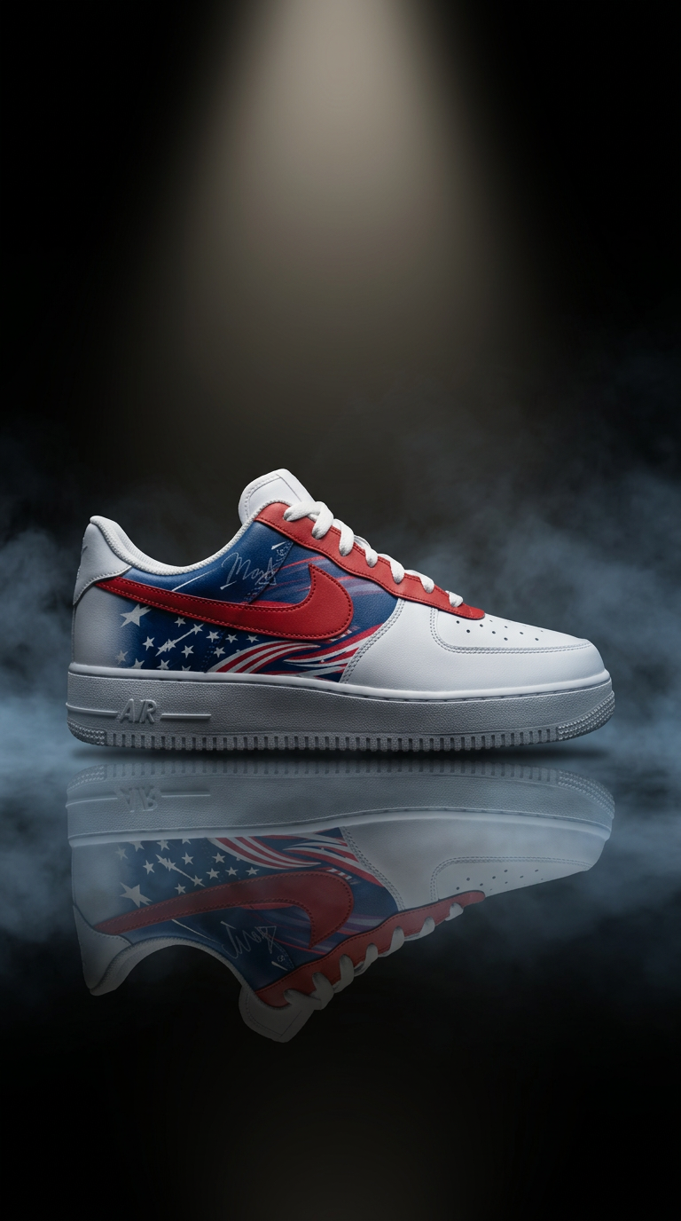 White Air Force 1 with a stars and stripes panel on a mirrored black floor under a spotlight