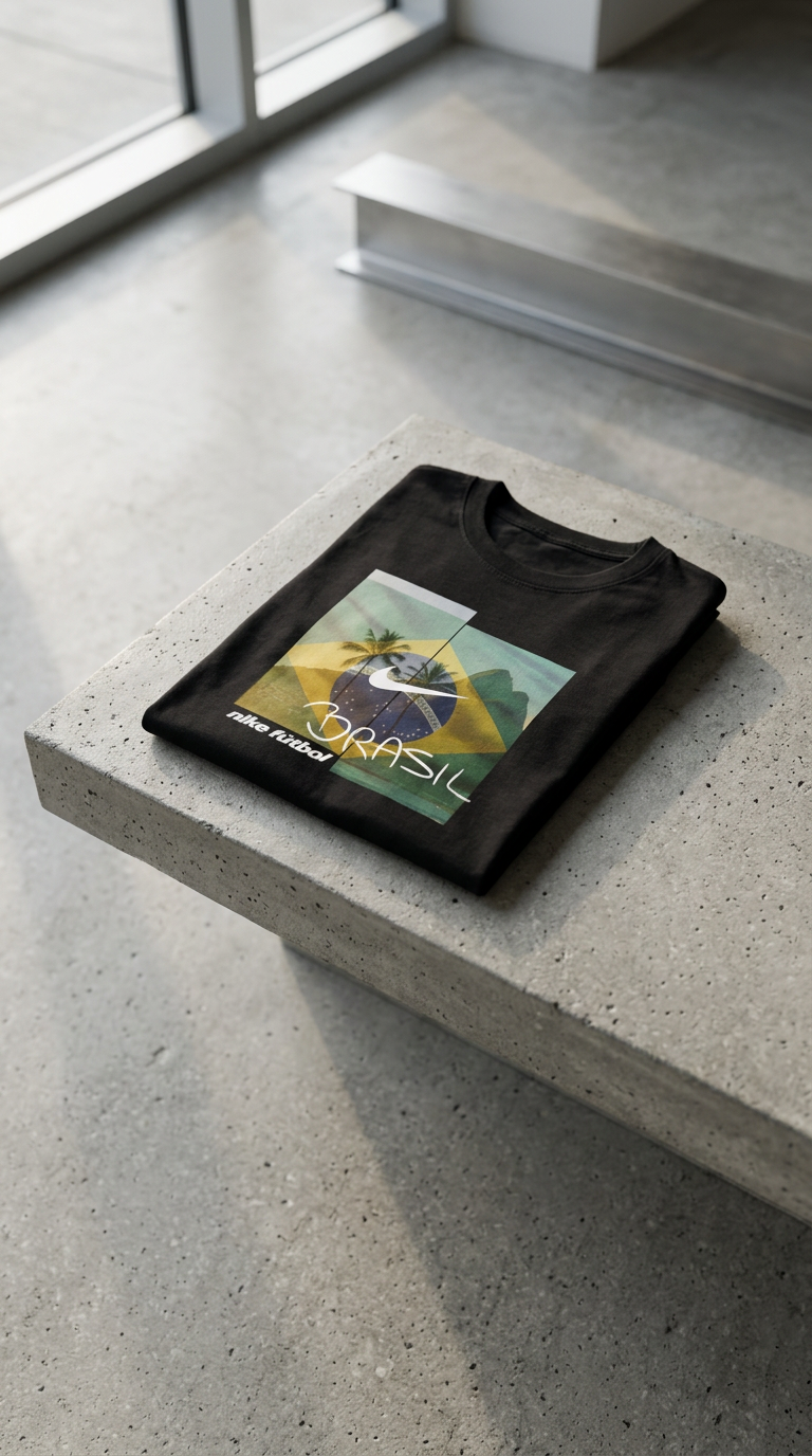 Folded black Nike futbol Brasil tee with a flag and palm graphic on a concrete ledge