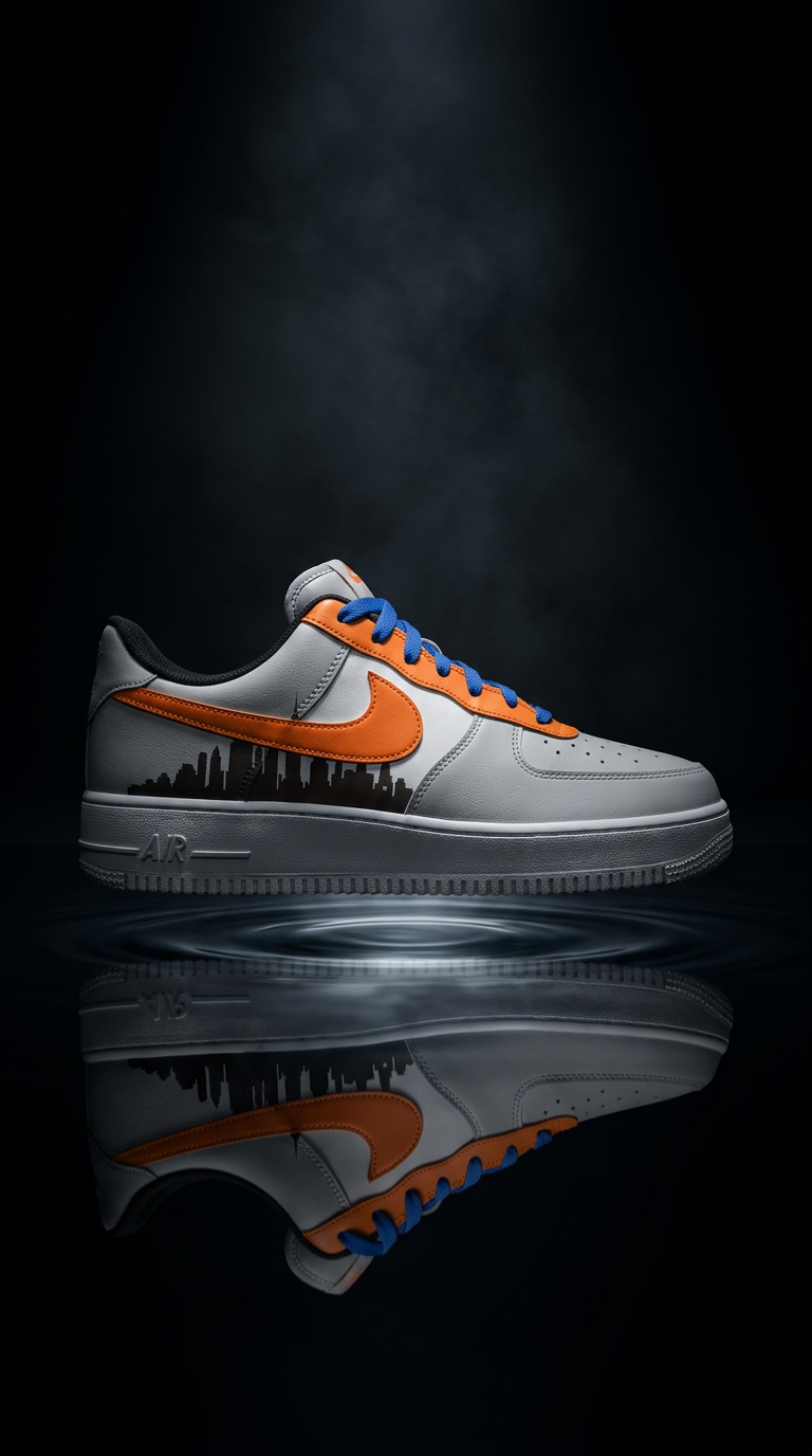 Grey Air Force 1 with an orange swoosh, blue laces and black skyline panel floating above a mirrored black surface